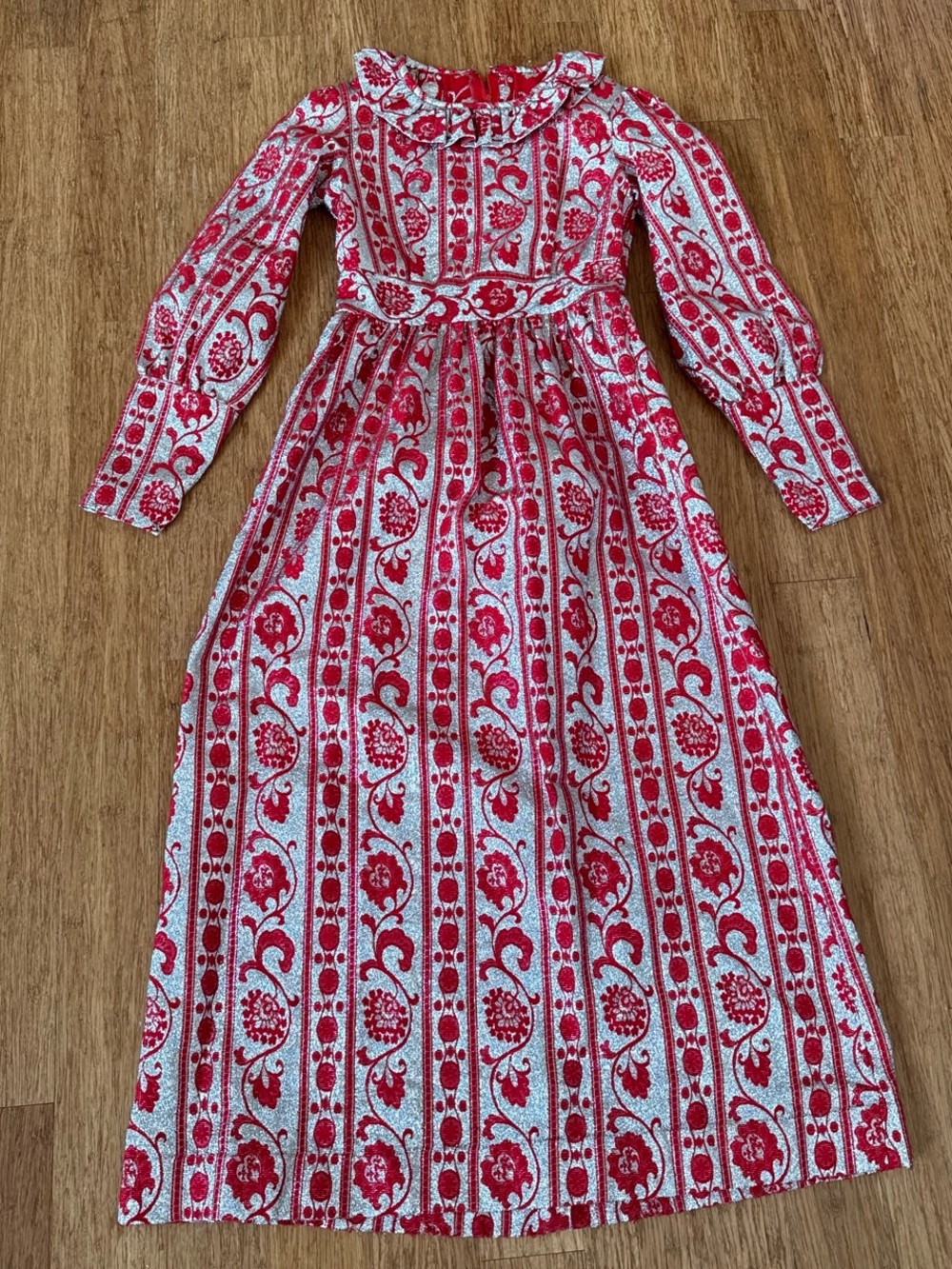 Vintage 1970s red and silver lurex maxi dress  small